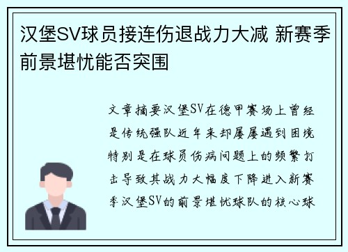 汉堡SV球员接连伤退战力大减 新赛季前景堪忧能否突围