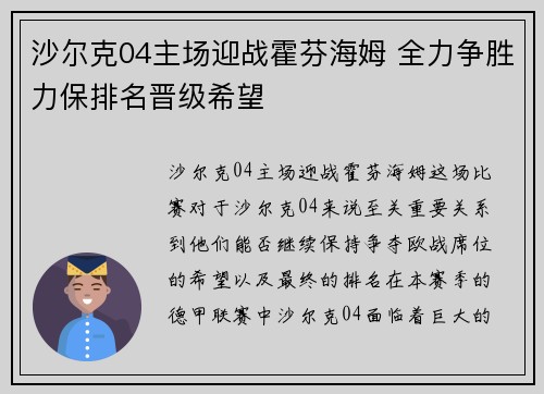 沙尔克04主场迎战霍芬海姆 全力争胜力保排名晋级希望